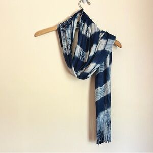 Indigo Shibori Tie Dye Rayon Fringe Scarf Boho Lightweight Wrap
